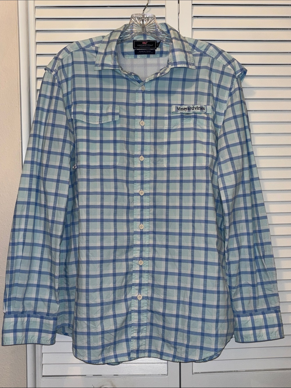 Vineyard Vines Men’s Mint and Blue Plaid Button-Down Shirt Harbor Shirt Medium